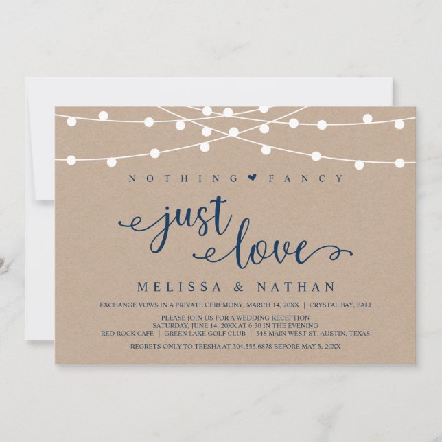 Rustic String Ljus, Kraft Navy Blue, Elopement Inbjudningar (Framsida)