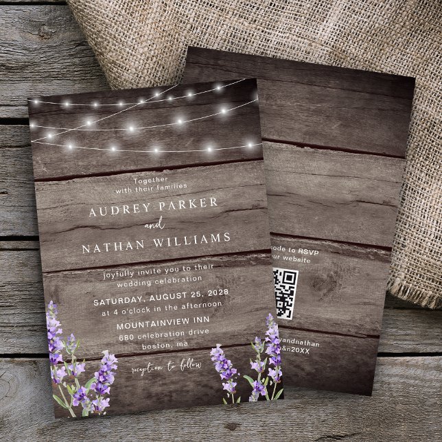 Rustic String Ljus Lavender QR Code Bröllop Inbjudningar (Skapare uppladdad)