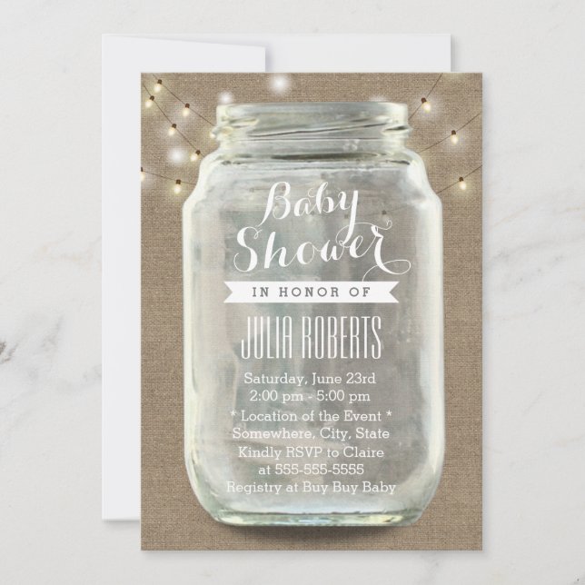 Rustic String Ljus Mason Burk Burlap Baby Shower Inbjudningar (Framsida)