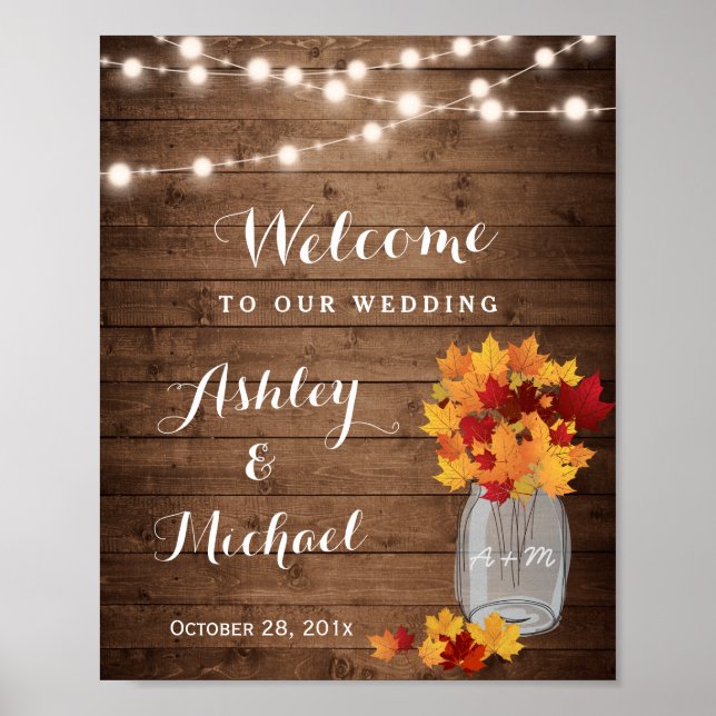 Rustic String Ljus Mason Burk Fall Wedding Sign Poster (Framsidan)