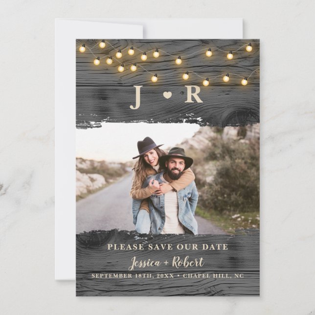 Rustic String Ljus Photo Save Date Card Inbjudningar (Framsida)