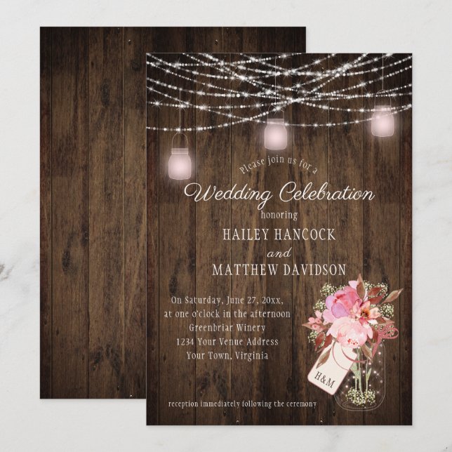 Rustic String Ljus Rosa Mason Burk Bröllop Inbjudningar (Fram/baksida)