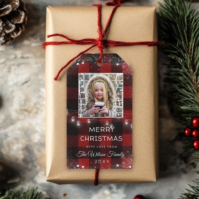 Rustic String Ljus Snö Flake Red Play Photo Presentetikett (Skapare uppladdad)