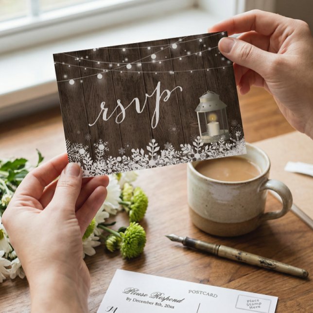 Rustic String Ljus Snöflingor Bröllop OSA Inbjudan Vykort (Skapare uppladdad)