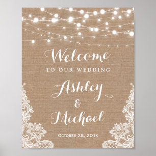 Rustic String Ljus Snöre Burlap Bröllop-tecken Poster