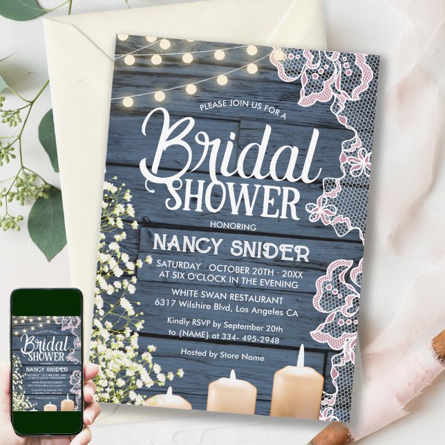 Rustic String Ljus & Snöre Navy Blue Möhippa Inbjudningar (Skapare uppladdad)