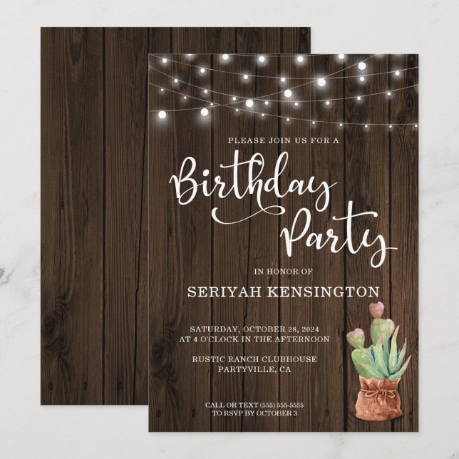 Rustic String Ljus Succulary varje år på födelseda Inbjudningar (Fram/baksida)