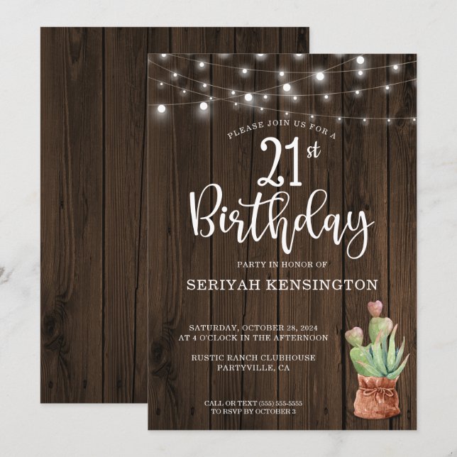 Rustic String Ljus Succulent 21 Birthday Inbjudningar (Fram/baksida)