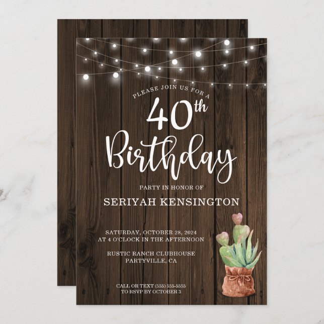 Rustic String Ljus Succulent 40 Birthday Inbjudningar (Fram/baksida)