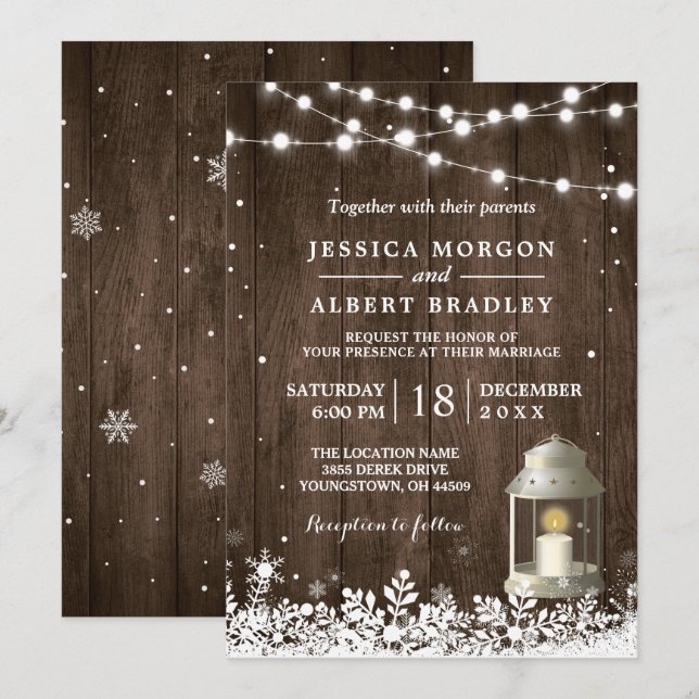 Rustic String Ljus White Lantern Winter Wedding Inbjudningar (Fram/baksida)