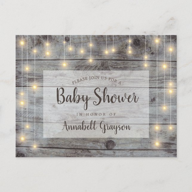 Rustic String Ljus Wood Baby Shower Inbjudan Vykort (Framsida)
