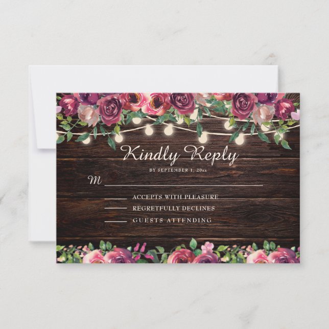 Rustic String Ljus Wood Burgundy Blommigt OSA Kort (Framsida)