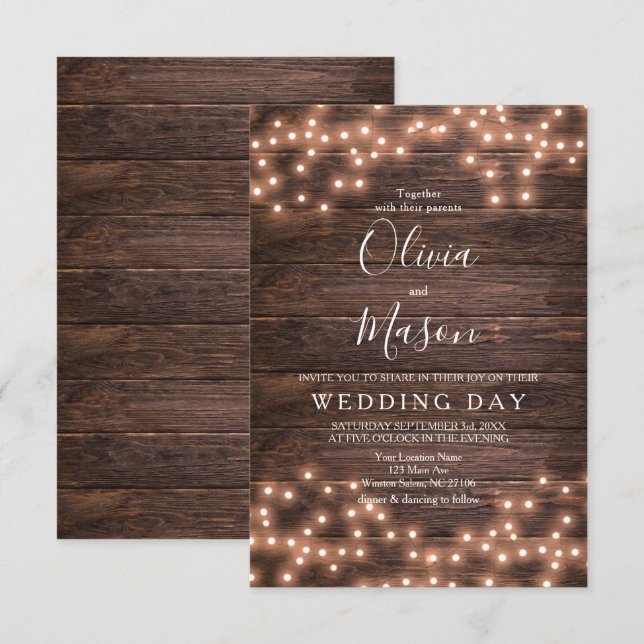 Rustic String of Ljus Bröllop Card Inbjudningar (Fram/baksida)