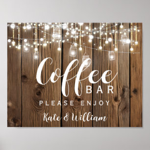 Rustic String of ljus Coffee station tecken Poster