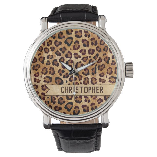 Rustic Struktur Leopard Print Add Namn Armbandsur (Framsida)