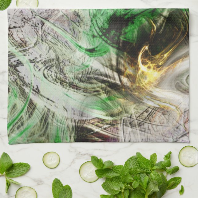 Rustic struktur under flytande grönt och gult bläc kökshandduk (Vikta)