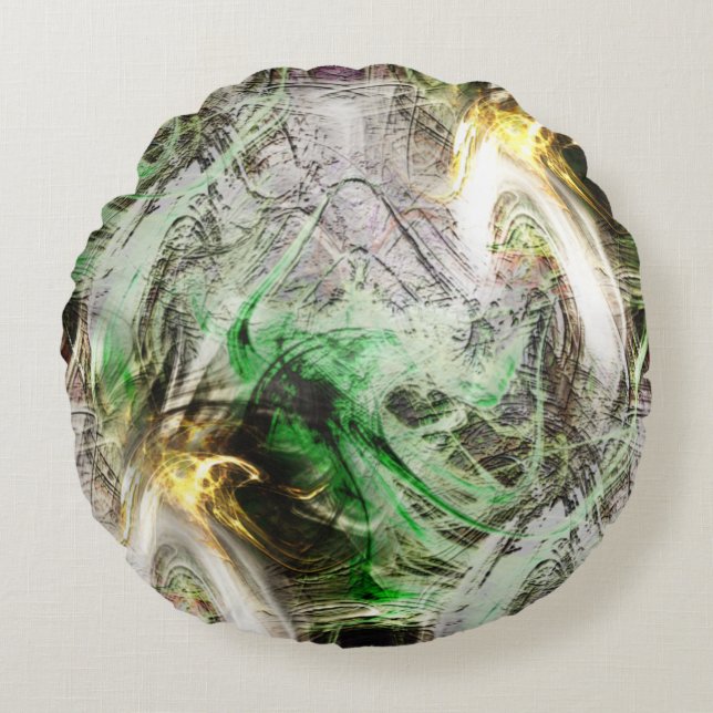 Rustic struktur under flytande grönt och gult bläc rund kudde (Framsidan)