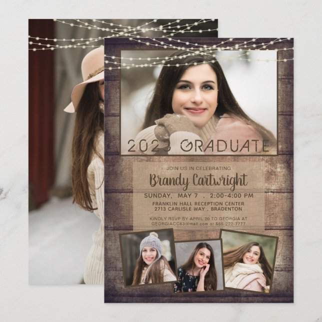 Rustic Studenten 4 Photo Wood String Ljus Inbjudningar (Fram/baksida)