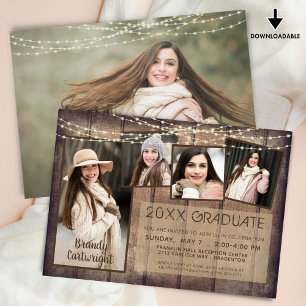 Rustic Studenten Photo Collage Wood String Ljus Inbjudningar