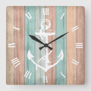 Rustic Summer Beach Wood Nautical Rand & Anchor Fyrkantig Klocka