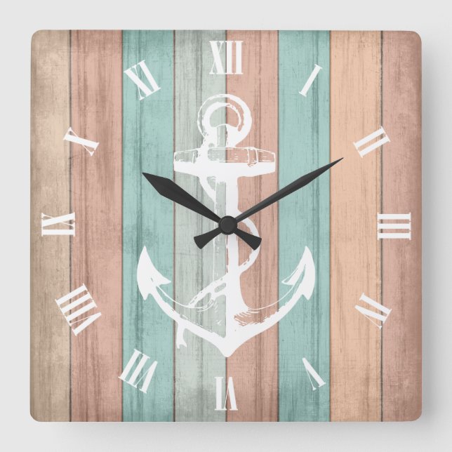 Rustic Summer Beach Wood Nautical Rand & Anchor Fyrkantig Klocka (Framsida)