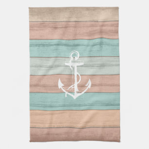 Rustic Summer Beach Wood Nautical Rand & Anchor Kökshandduk