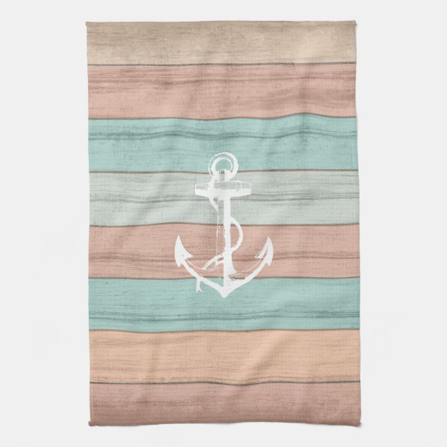 Rustic Summer Beach Wood Nautical Rand & Anchor Kökshandduk (Vertikal)
