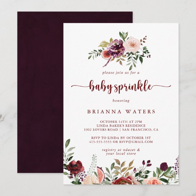 Rustic Summer Blommigt Calligraphy Baby Sprinkle Inbjudningar (Fram/baksida)