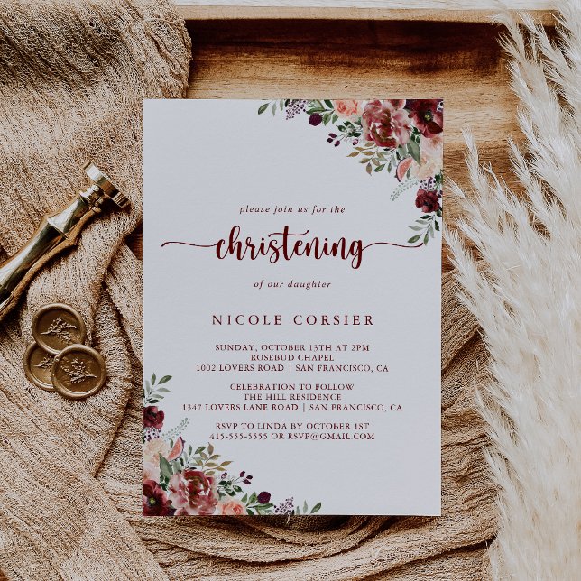 Rustic Summer Blommigt Calligraphy Christening Inbjudningar (Skapare uppladdad)
