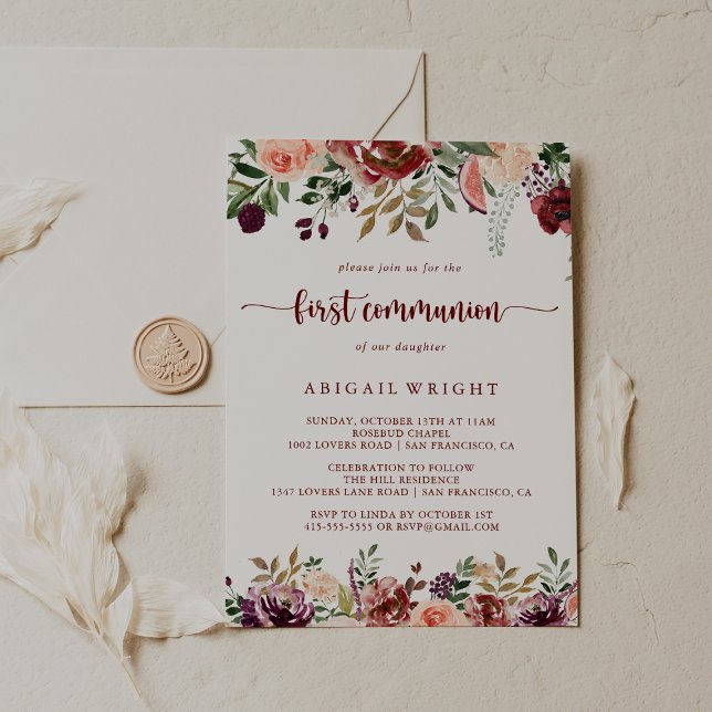 Rustic Summer Blommigt Calligraphy First Communion Inbjudningar (Skapare uppladdad)