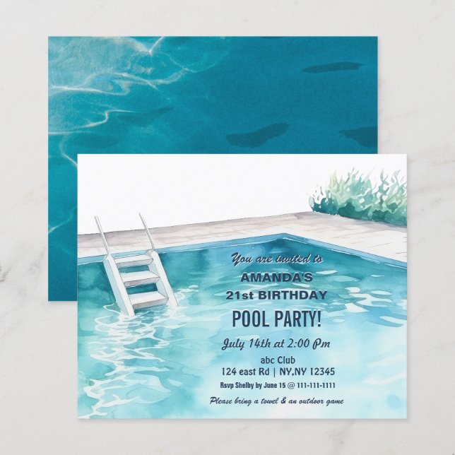 Rustic Summer Swimming Pool Party Birthday  Invite (Fram/baksida)
