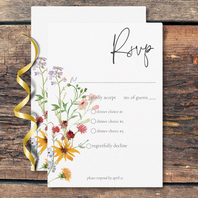 Rustic Summer Wildblommor & Sunblommor Middag OSA Kort (Rustic Summer Wildflowers & Sunflowers Dinner RSVP Card)
