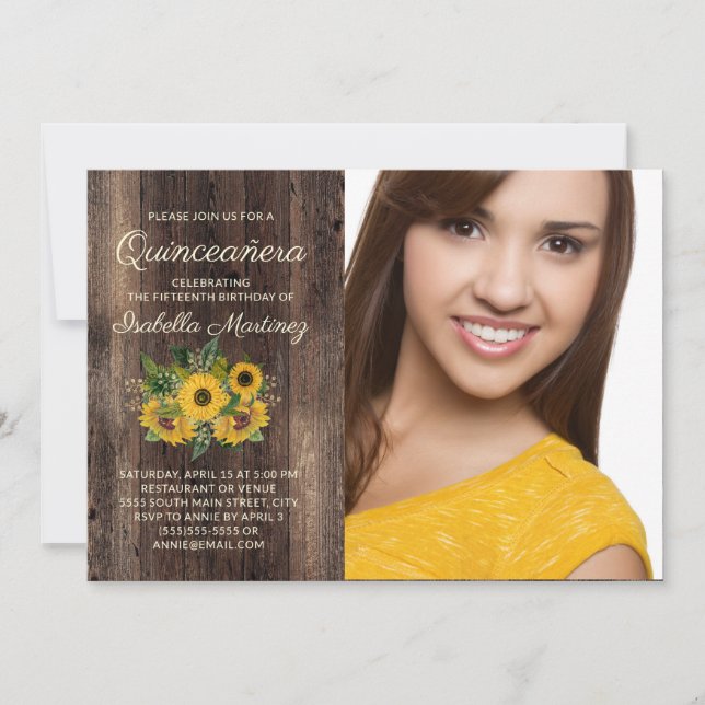 Rustic Sunblommor Barn Wood Quinceañera Photo Inbjudningar (Framsida)