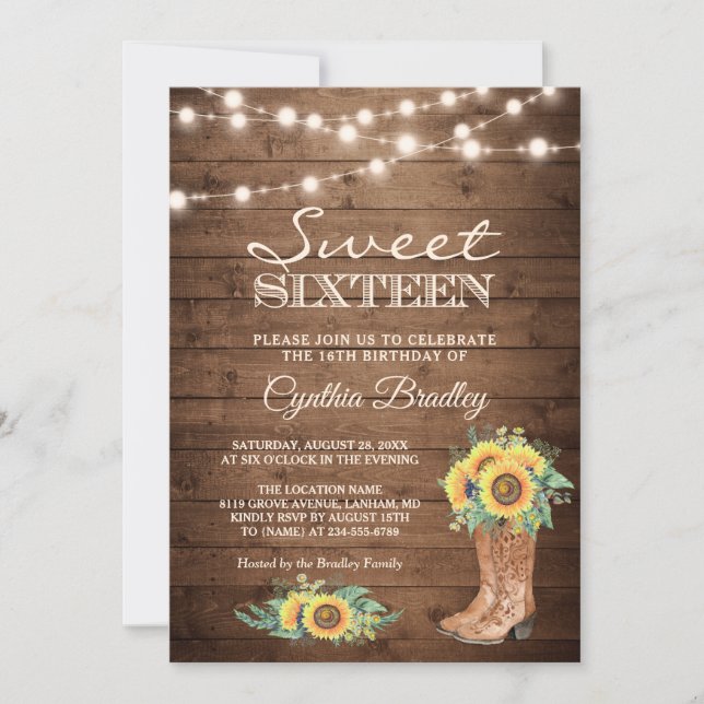 Rustic Sunblommor Boots Cowgirl Sweet sixteen 16 Inbjudningar (Framsida)
