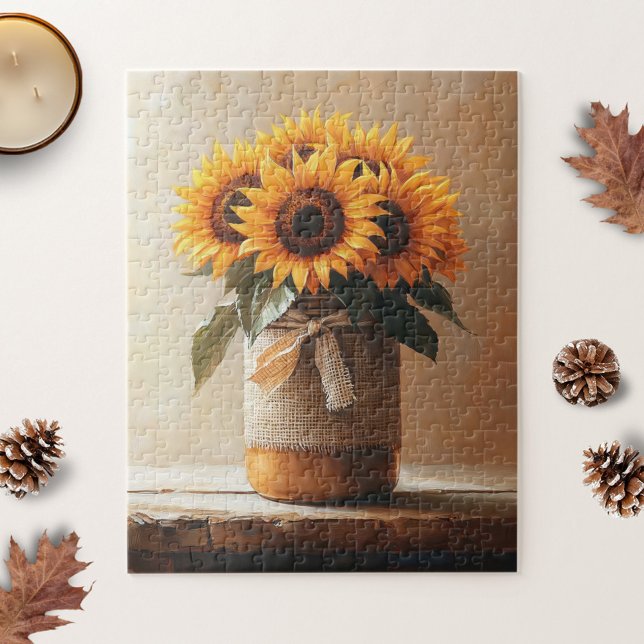 Rustic Sunblommor Burlap Mason Burk Pussel (Skapare uppladdad)