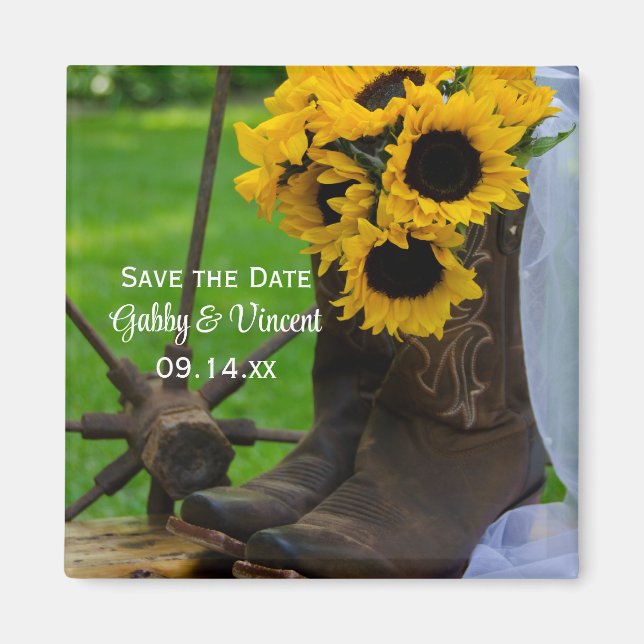 Rustic Sunblommor Cowboy Boots Spara datumet Magnet (Framsidan)