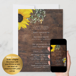 Rustic Sunblommor katolsk nuptial Mass Bröllop Inbjudningar