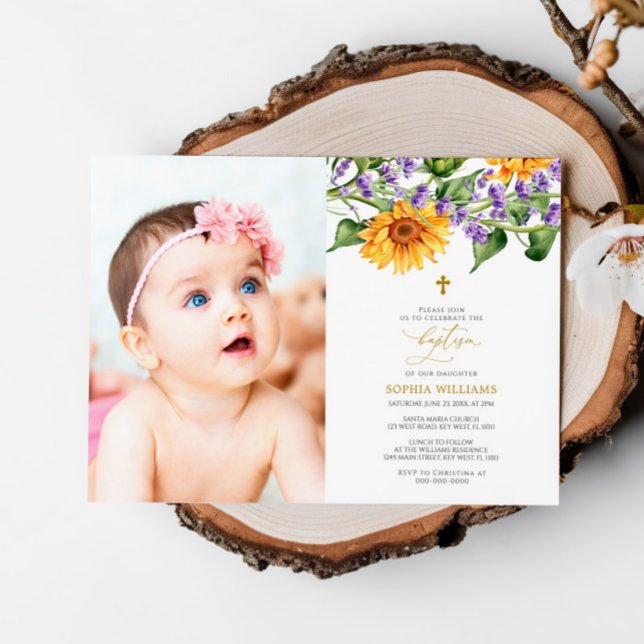 Rustic Sunblommor & Lavander Photo Baptism Inbjudningar (Skapare uppladdad)