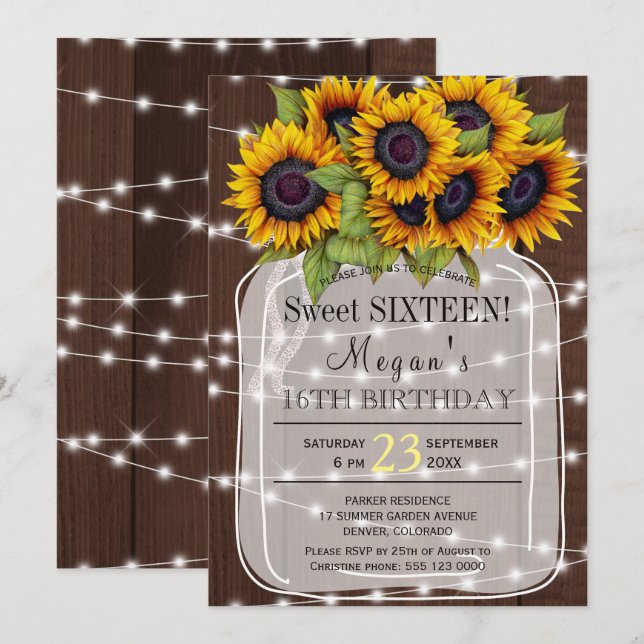 Rustic | Sunblommor ljus mason burk sweet sixteen Inbjudningar (Fram/baksida)
