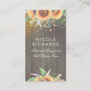 Rustic Sunblommor och String Ljus Barn Wood Visitkort