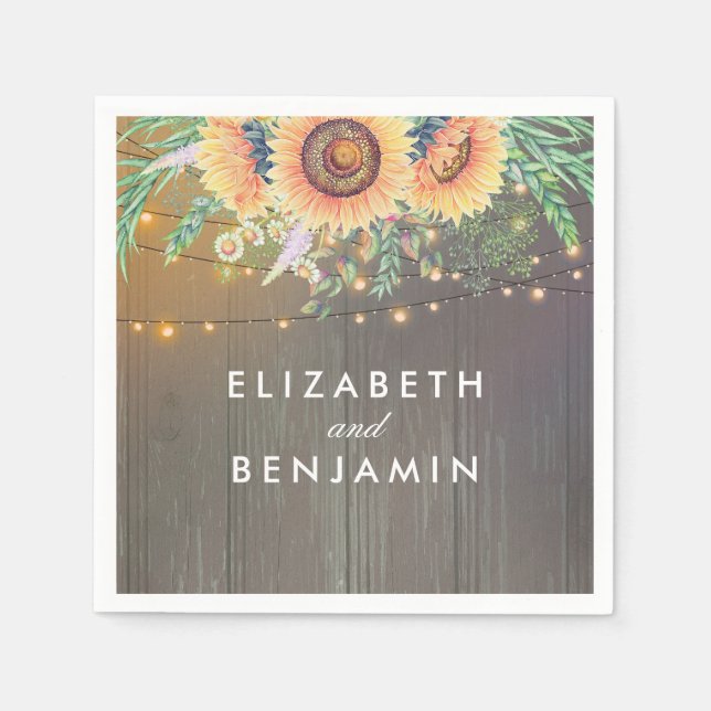 Rustic Sunblommor och String Ljus Wood Barn Pappersservett (Framsidan)