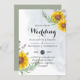 Rustic Sunblommor Olive Löv Bröllopsinbjudan