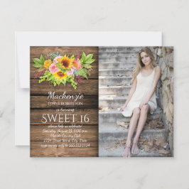 Rustic Sunblommor Peonies Barnwood Photo Sweet 16 Inbjudningar