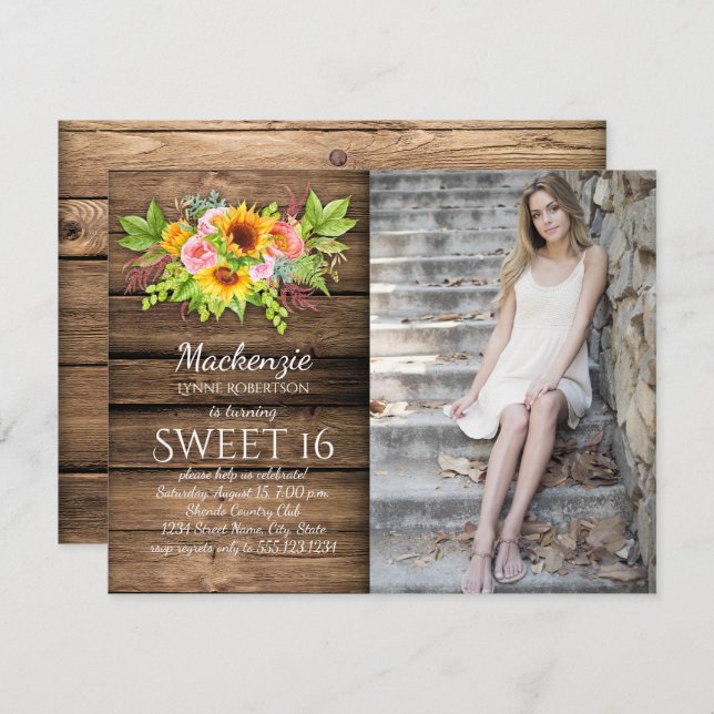 Rustic Sunblommor Peonies Barnwood Photo Sweet 16 Inbjudningar (Fram/baksida)