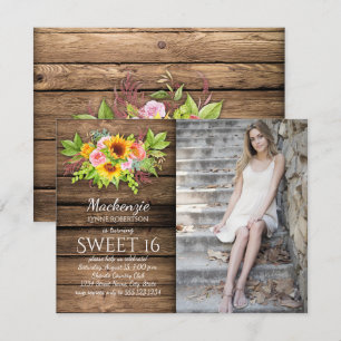 Rustic Sunblommor Peonies Barnwood Photo Sweet 16 Inbjudningar