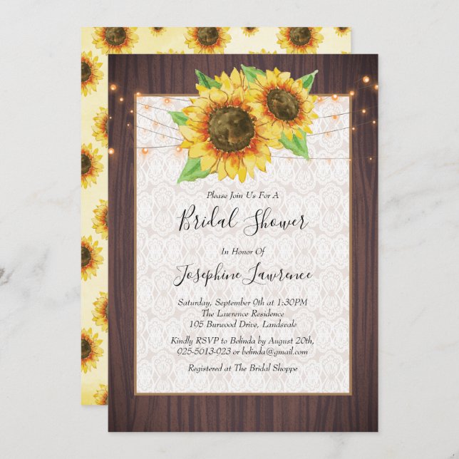 Rustic Sunblommor String Ljus Snöre Möhippa Inbjudningar (Fram/baksida)