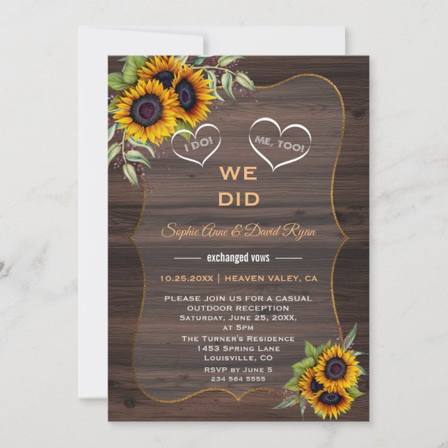Rustic Sunblommor Wood Elopement Reception Inbjudningar (Framsida)