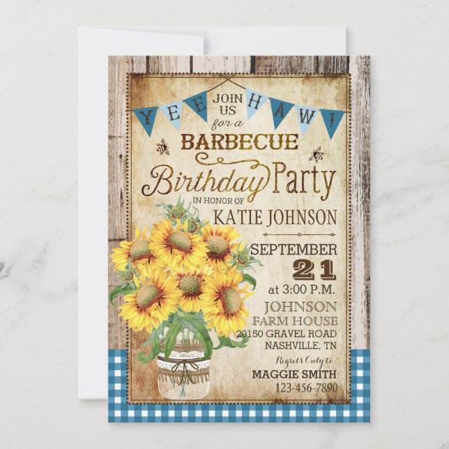 Rustic Sunblommor Wood Gingham Check Birthday Inbjudningar (Framsida)