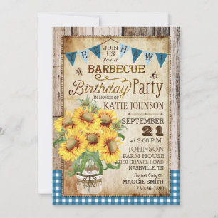 Rustic Sunblommor Wood Gingham Check Birthday Inbjudningar