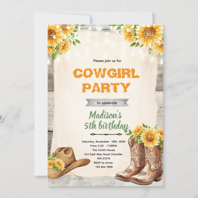 Rustic sunflower cowgirl invitation inbjudningar (Framsida)